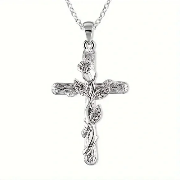 Silver Cross Necklace with Ornate Vine Design - Picture 1 of 1